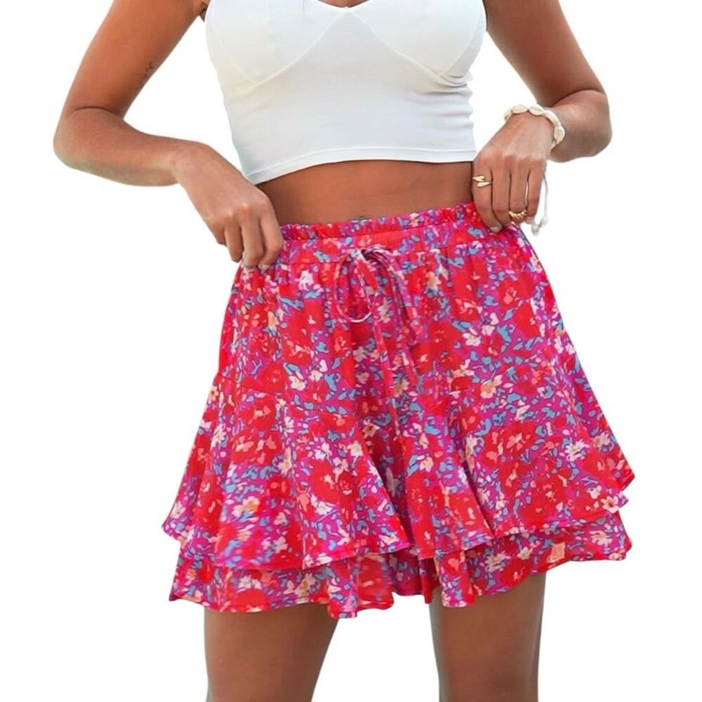 SimpleFun Floral Ruffle Flowy Skort with Shorts  Flared Mini Skirt Size Large